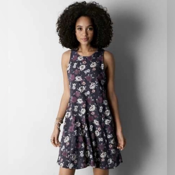 American Eagle A-Line Floral Sleeveless Dress Black Gray Size Medium - Picture 1 of 15